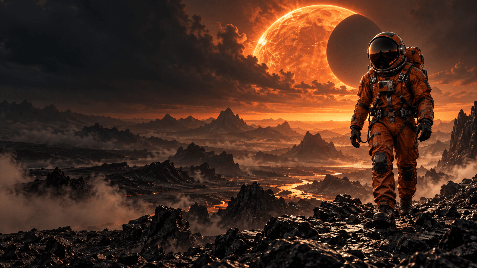 An orange-suited astronaut on a volcanic planet beneath an eclipse